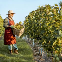 Senior well-dressed winemaker walking with basket full of freshly picked up wine grapes, harvesting on the vineyard during a sunny evening